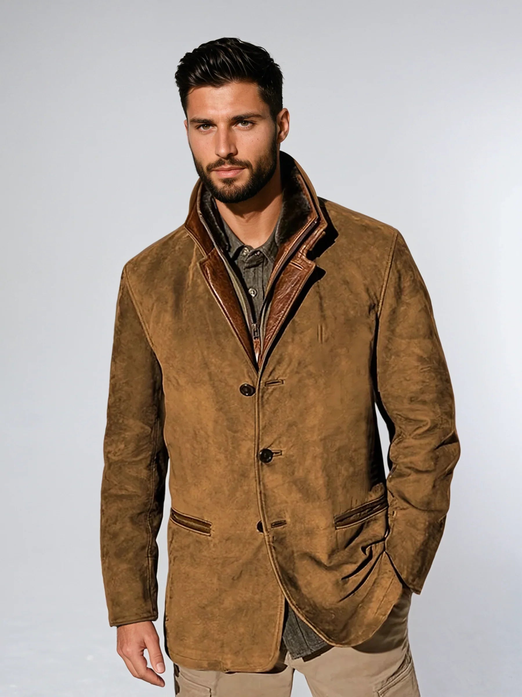 Veste Vintage à Col En Cuir