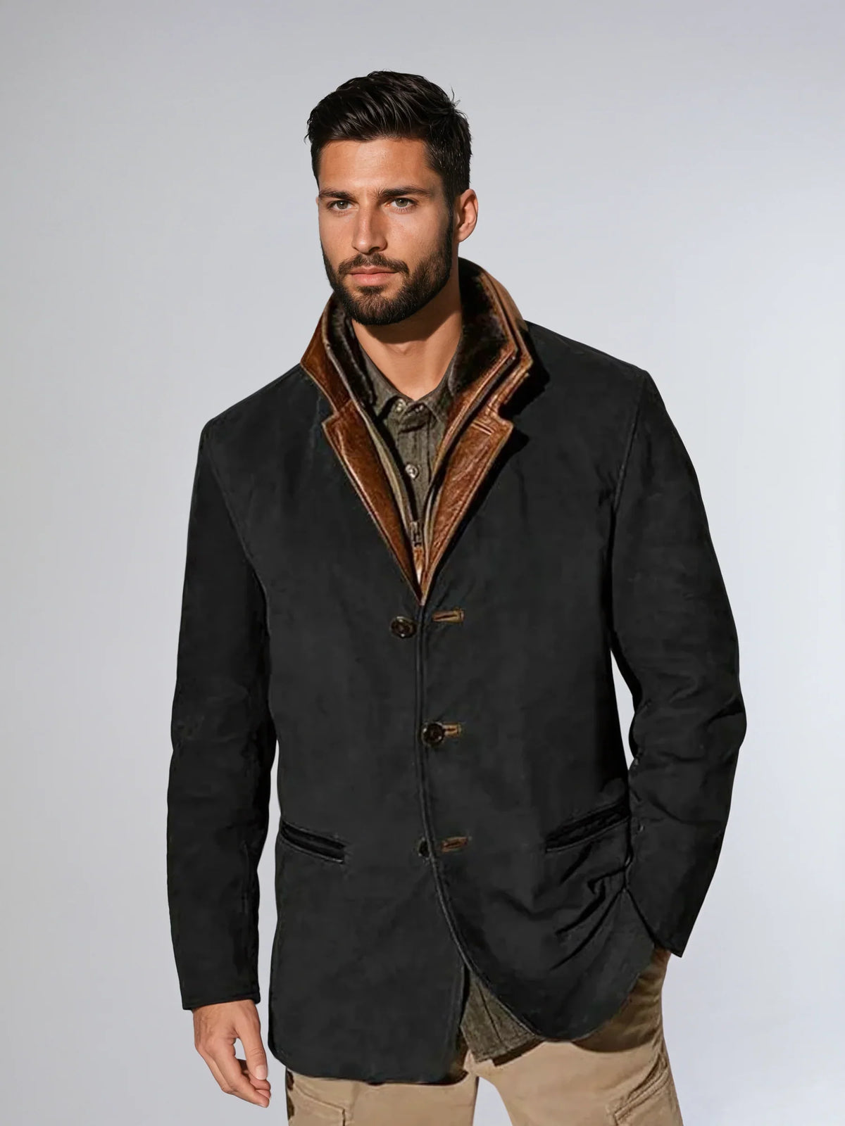 Veste Vintage à Col En Cuir