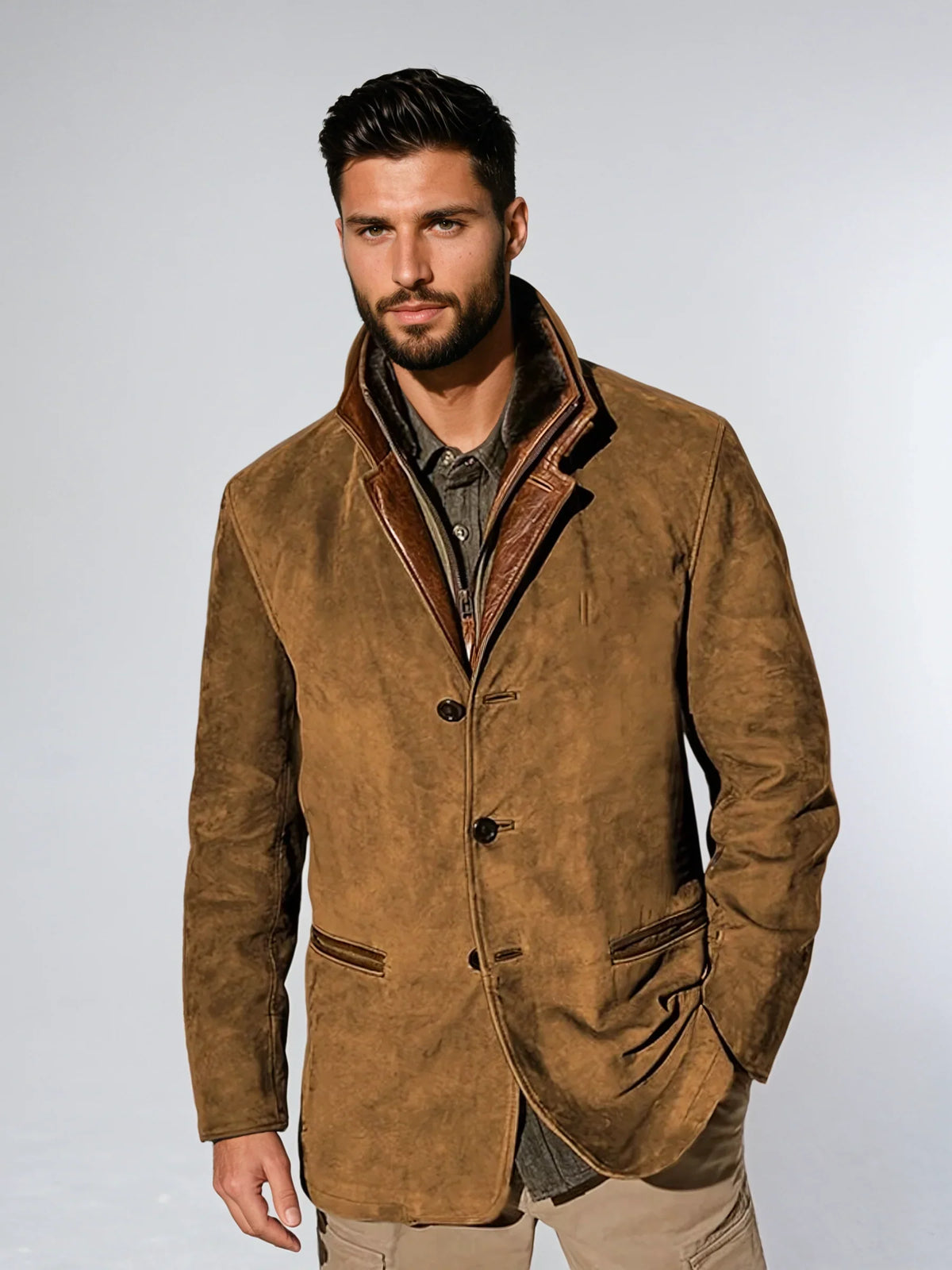 Veste Vintage à Col En Cuir